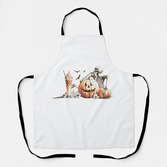 Skeleton with pumpkin and drink. Halloween. Apron (Front)