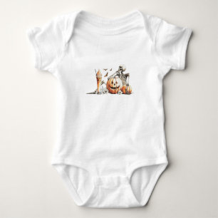 Skeleton with pumpkin and drink. Halloween. Baby Bodysuit