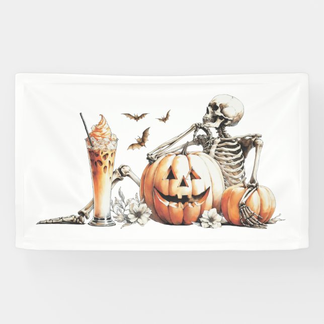 Skeleton with pumpkin and drink. Halloween. Banner (Horizontal)