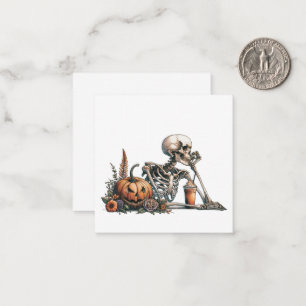 Skeleton with pumpkin and drink. Halloween Card