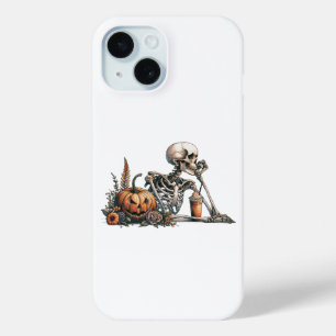 Skeleton with pumpkin and drink. Halloween iPhone 15 Case