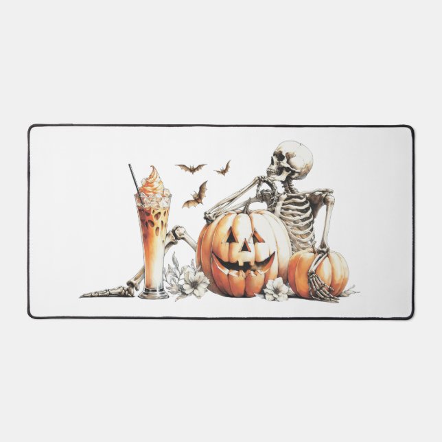 Skeleton with pumpkin and drink. Halloween. Desk Mat (Front)