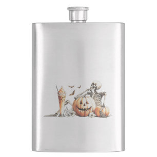 Skeleton with pumpkin and drink. Halloween. Hip Flask
