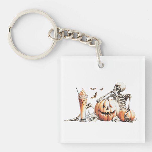 Skeleton with pumpkin and drink. Halloween. Key Ring (Front)