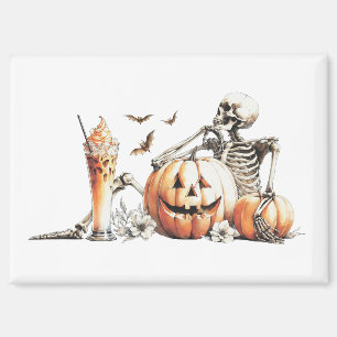 Skeleton with pumpkin and drink. Halloween. Magnet