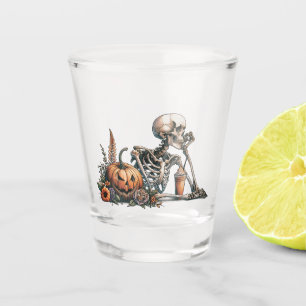 Skeleton with pumpkin and drink. Halloween Shot Glass