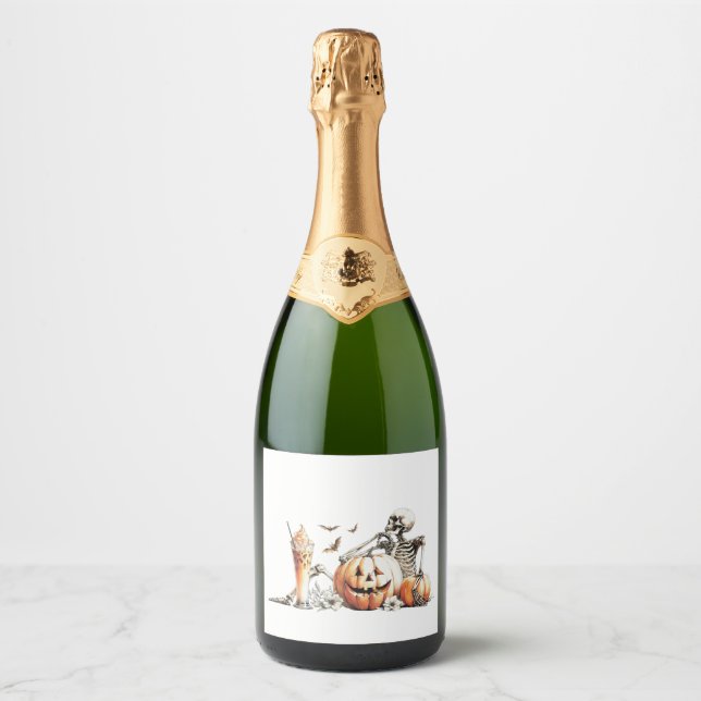 Skeleton with pumpkin and drink. Halloween. Sparkling Wine Label (Front)