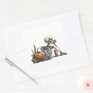 Skeleton with pumpkin and drink. Halloween Square Sticker