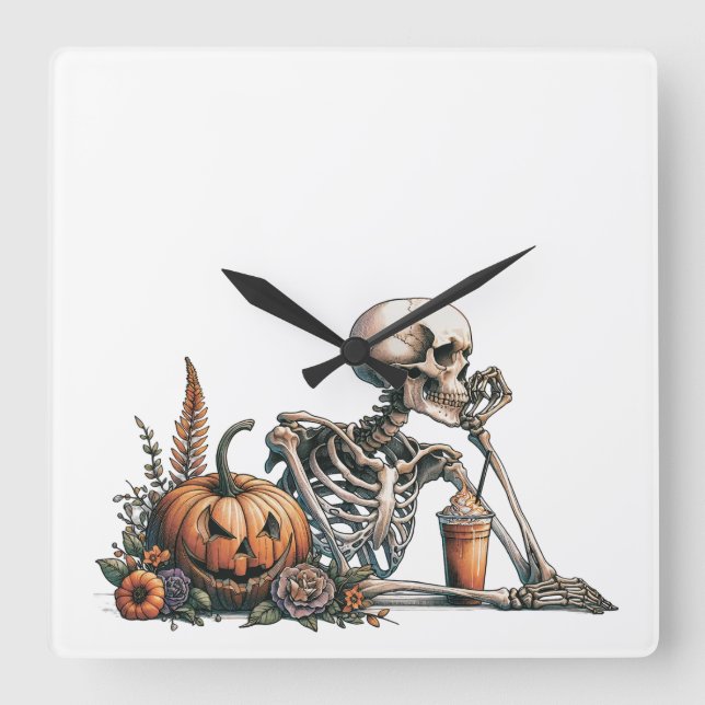 Skeleton with pumpkin and drink. Halloween Square Wall Clock (Front)