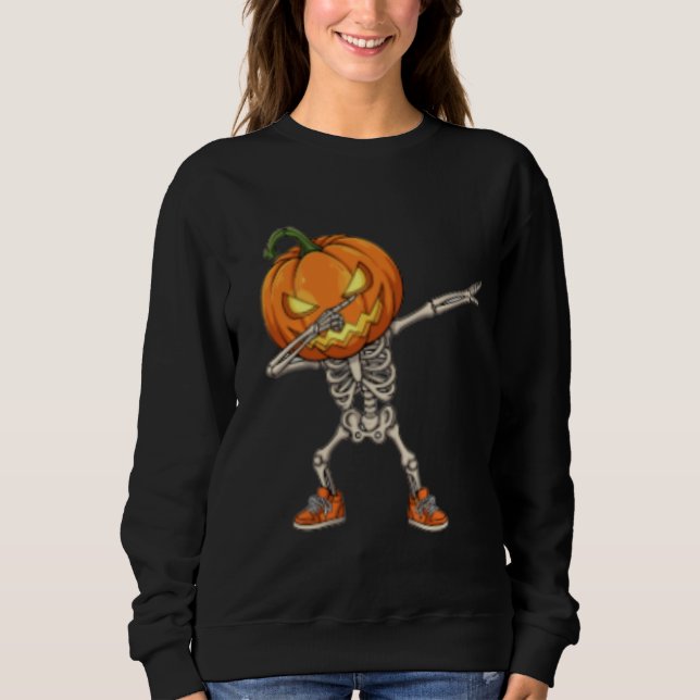 Skeleton with Pumpkin Head Dab Dance Halloween  Sweatshirt (Front)
