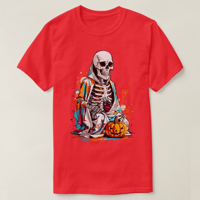 Skeleton With Pumpkin Head T-Shirt (Design Front)