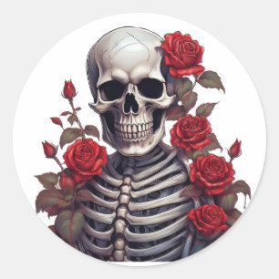 Skeleton With Red Roses Classic Round Sticker