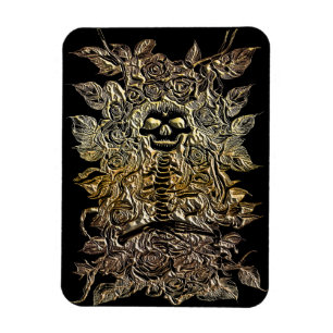 skeleton with roses flowers gold art  magnet
