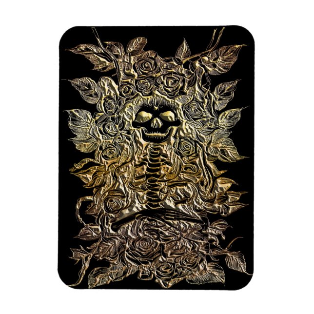 skeleton with roses flowers gold art  magnet (Vertical)