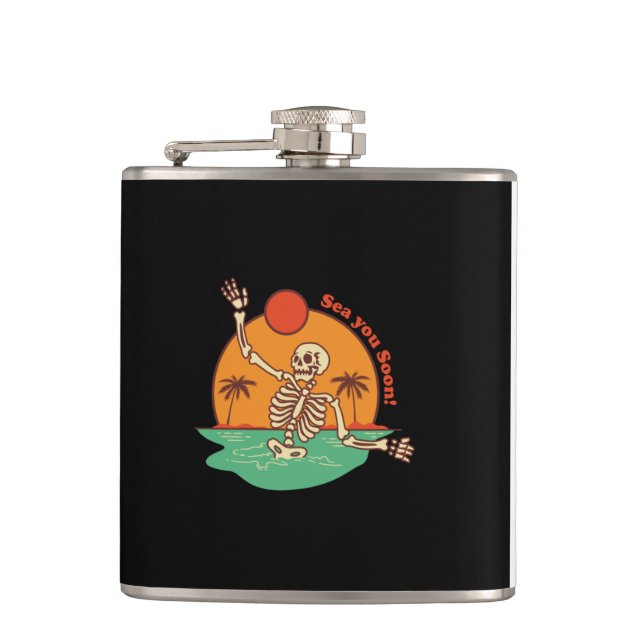 Skeleton with See You Soon on a  Hip Flask (Front)