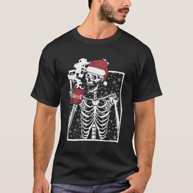Skeleton With Smiling Skull Drinking Coffee Latte T-Shirt (Front)