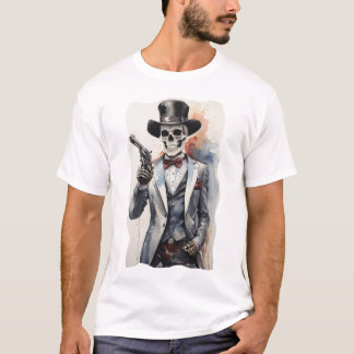 Skeleton with tuxedo holding a revolver T-Shirt