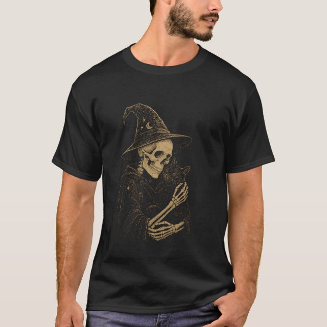 Skeleton Wizard with Cat Fantasy Occult T-Shirt (Front)
