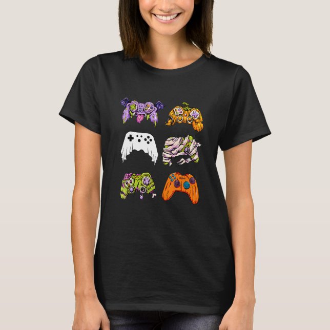 Skeleton Zombie Gaming Controllers Mummy Halloween T-Shirt (Front)