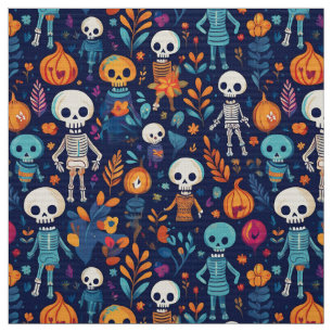 Skeletons and pumpkins vibrant halloween fabric