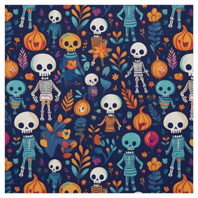 Skeletons and pumpkins vibrant halloween fabric (Swatch)