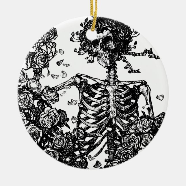 Skeletons and Roses Ceramic Tree Decoration (Front)