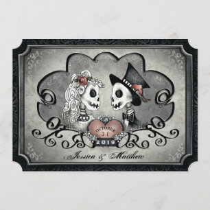 Skeletons Grey Black White Heart Wedding Invitation