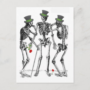 SKELETONS HANGING OUT IN HATS VINTAGE PRINT POSTCARD