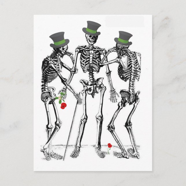 SKELETONS HANGING OUT IN HATS VINTAGE PRINT POSTCARD (Front)