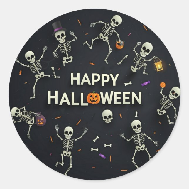 Skeletons Happy Halloween  Classic Round Sticker (Front)