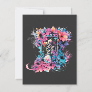 Skeletons in love. A bouquet of flowers. Card