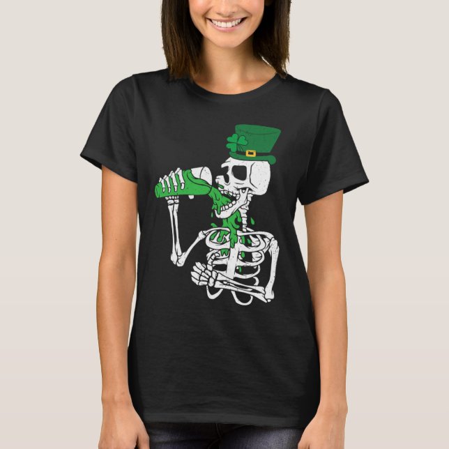Skeletons Leprechaun Drinking Beer St Patrick s Da T-Shirt (Front)