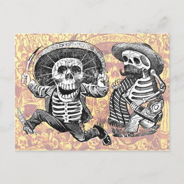 Skeletons with machete and booze postcard (Front)