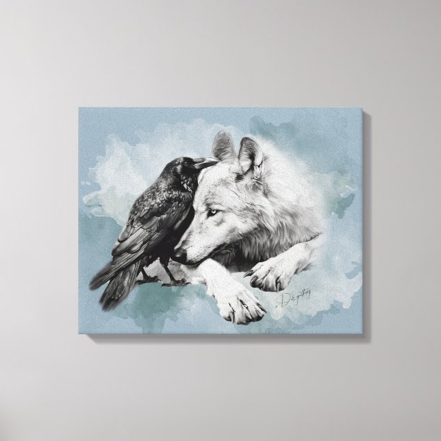 Sketch Black and White Wolf and Crow  Canvas Print (Front)