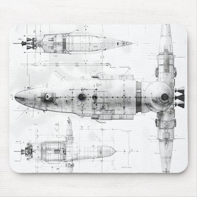 Sketch Blueprint Space Ship Mouse Pad (Front)
