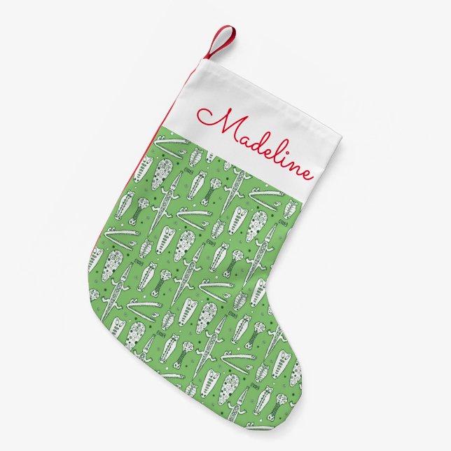 Sketch Crocodile Pattern | Add Your Name Small Christmas Stocking (Front (Hanging))