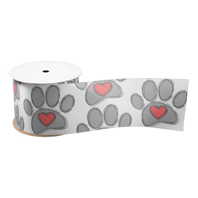 Sketch Dog Paw Red Heart Art Satin Ribbon (Spool)