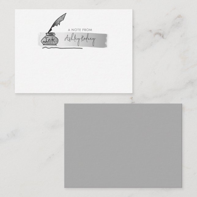 Sketch Faux Silver Quill Pen Script Card (Front/Back)