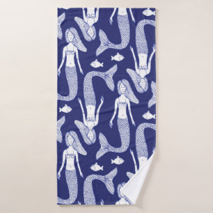 Sketch mermaid and fish pattern in vintage style, bath towel