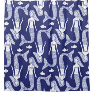 Sketch mermaid and fish pattern in vintage style, shower curtain