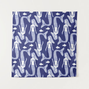 Sketch mermaid and fish pattern in vintage style, tapestry