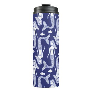 Sketch mermaid and fish pattern in vintage style, thermal tumbler