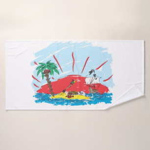 sketch of a treasure island and pirate ship bath towel set