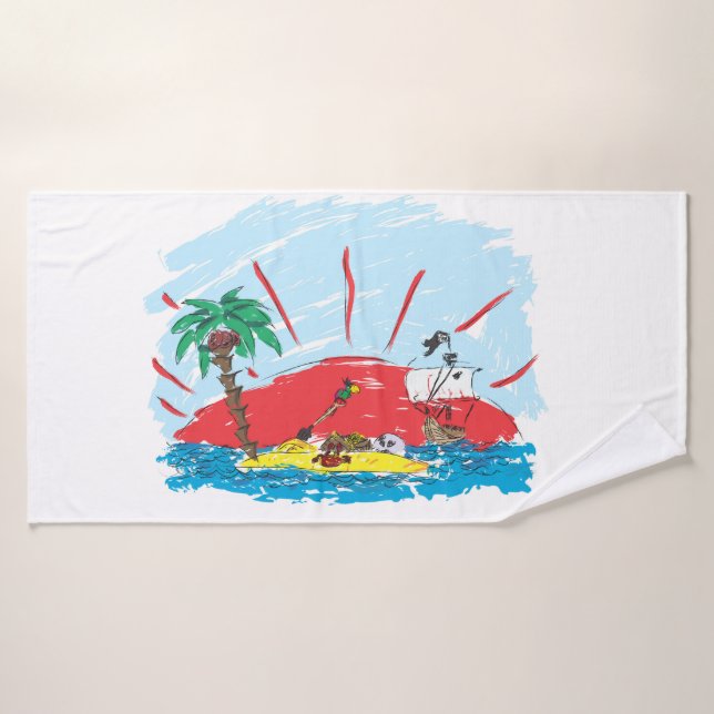 sketch of a treasure island and pirate ship bath towel set (Bath Towel)