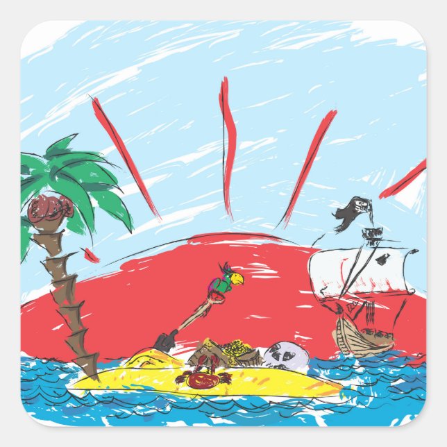 sketch of a treasure island and pirate ship square sticker (Front)