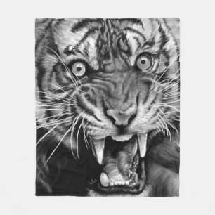 Sketch of a wild tiger in black and whiteblack,whi fleece blanket