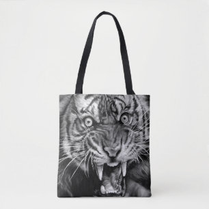 Sketch of a wild tiger in black and whiteblack,whi tote bag