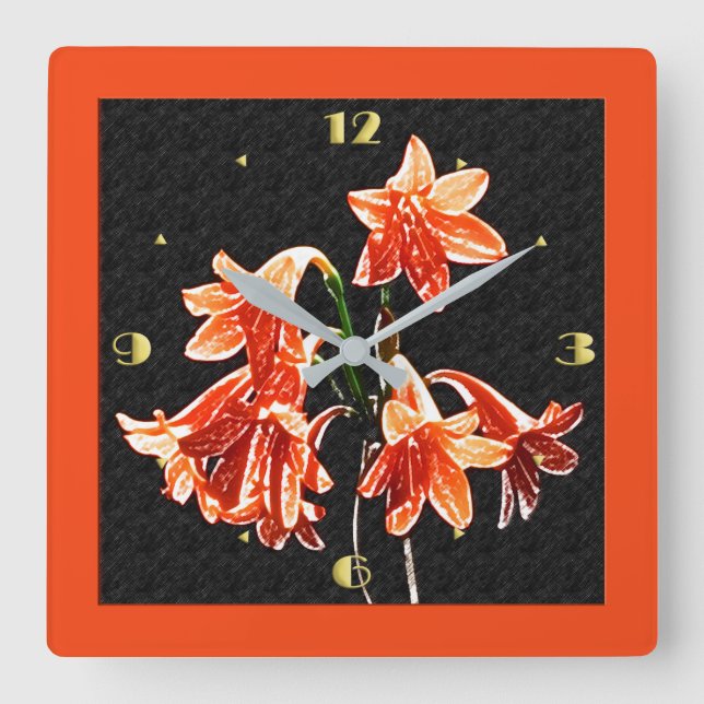 Sketch of Daylilies - Mandarin orange and Rust Square Wall Clock (Front)