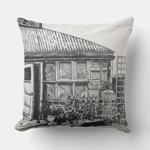 sketch of dog in garden with plants and fencing cushion