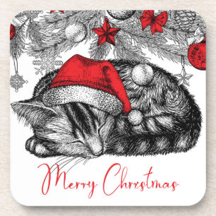 Sketch of Kitten Under Christmas Tree Ornaments Coaster
